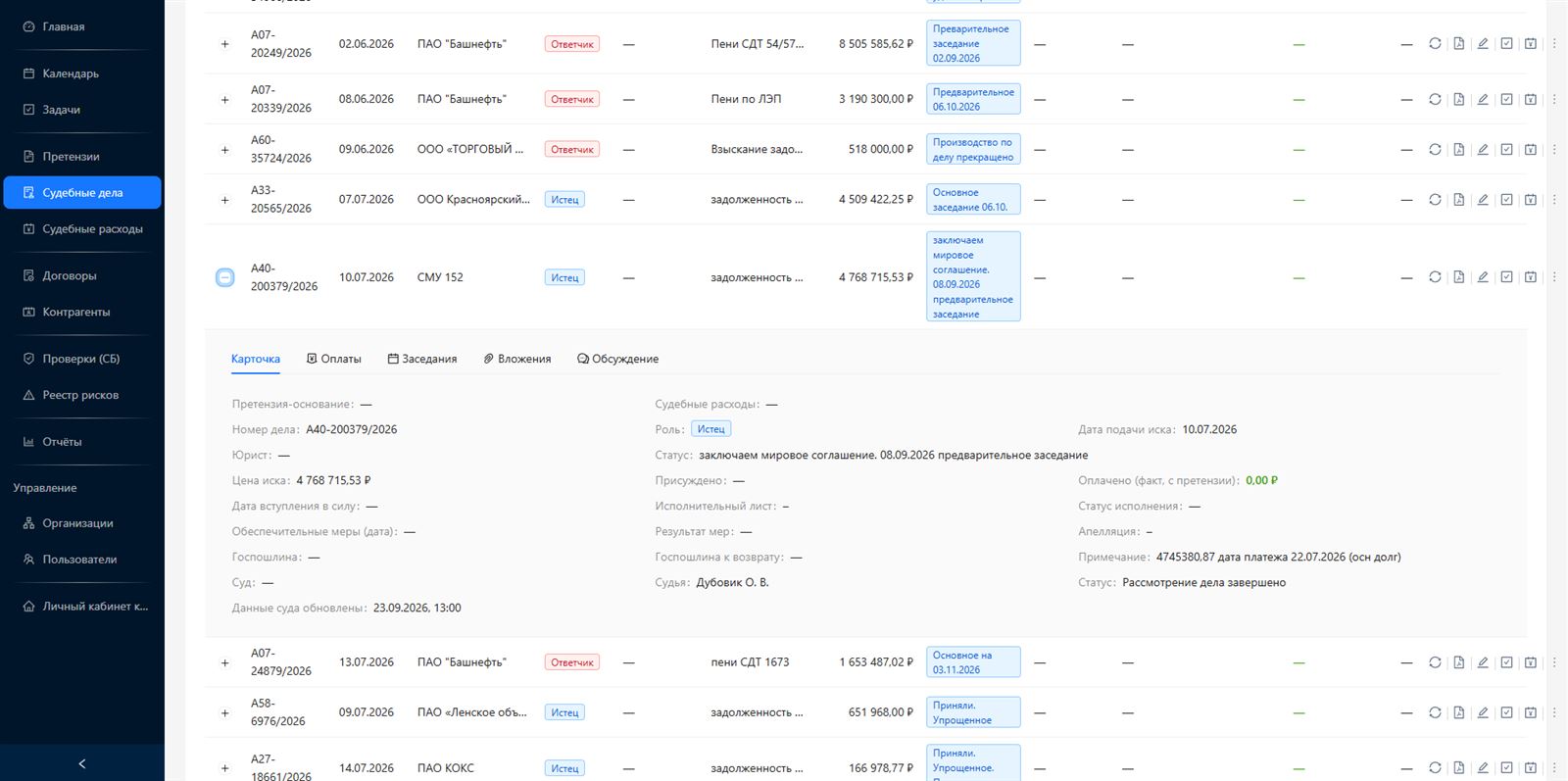 Судебные дела AVCRM: карточки дел